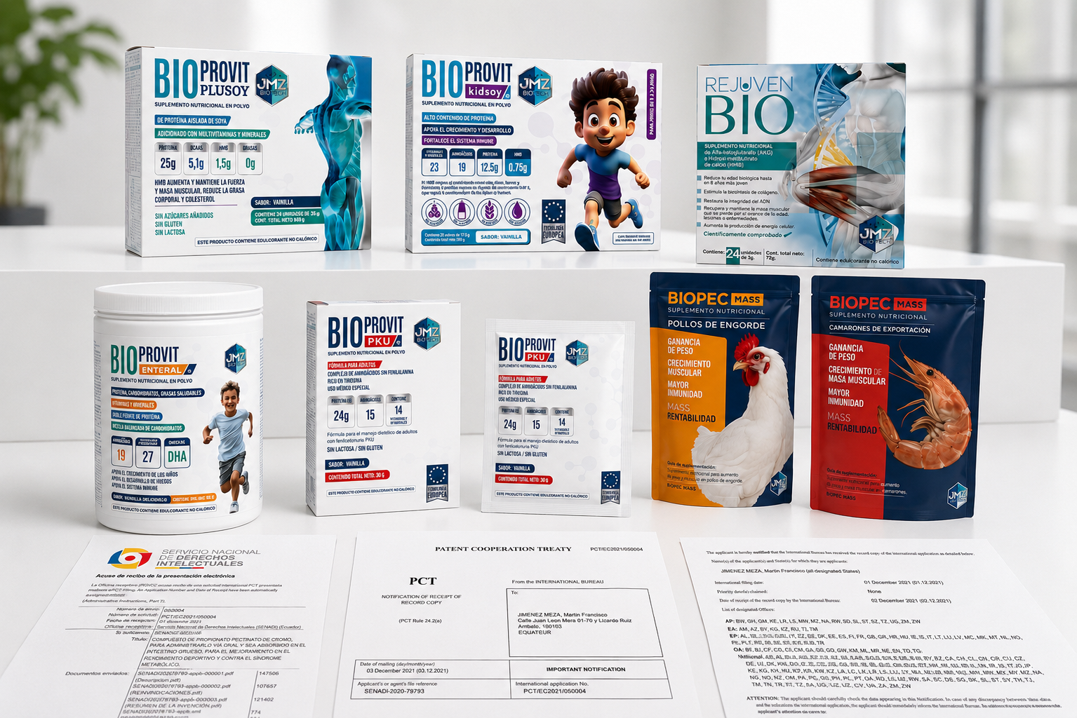 Catálogo completo de JMZ Biotech: BIOPROVIT™ Plusoy, Kidsoy, Enteral y PKU, RejuvenBío™ y las dos presentaciones de BIOPEC MASS, junto a la documentación de la solicitud internacional PCT