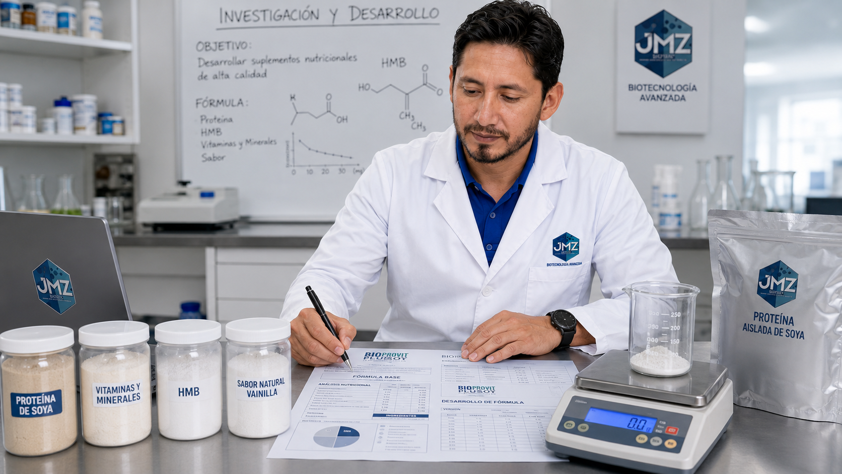 Martín Jiménez Meza, fundador de JMZ Biotech, trabajando en el laboratorio de investigación y desarrollo sobre la fórmula base de BIOPROVIT™ Plusoy