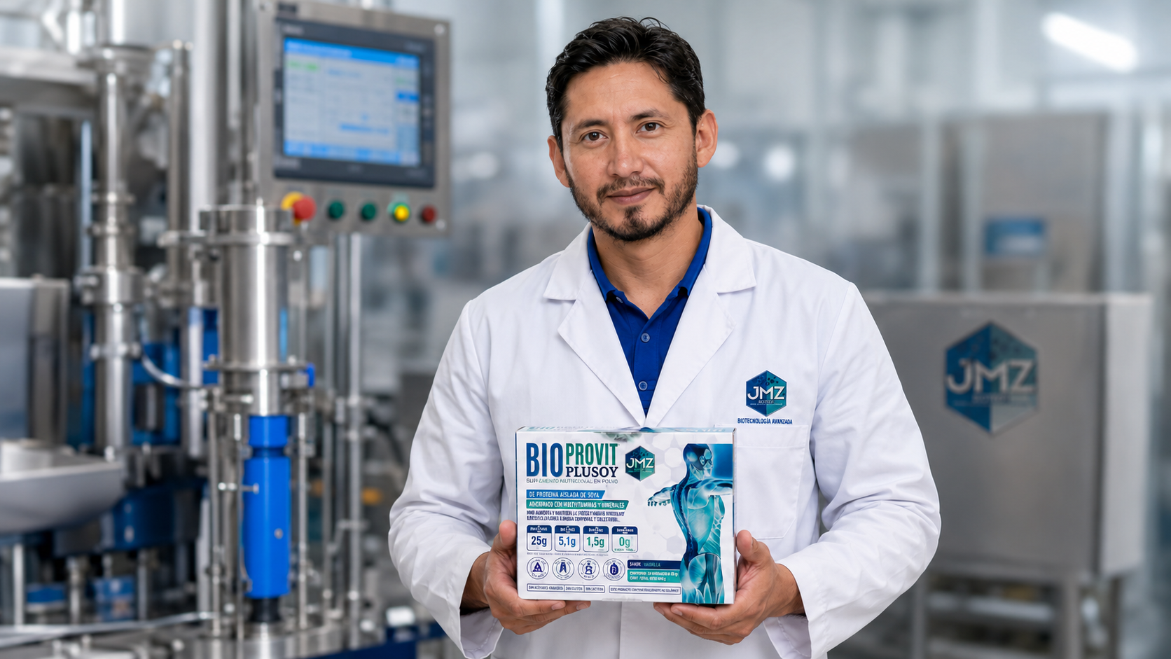 Martín Jiménez, fundador de JMZ Biotech, en la planta de producción con una caja de BIOPROVIT™ Plusoy