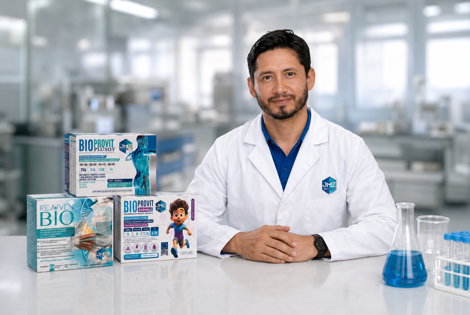 Martín Jiménez en el laboratorio con las cajas de BIOPROVIT™ Plusoy, BIOPROVIT™ Kidsoy y RejuvenBío™