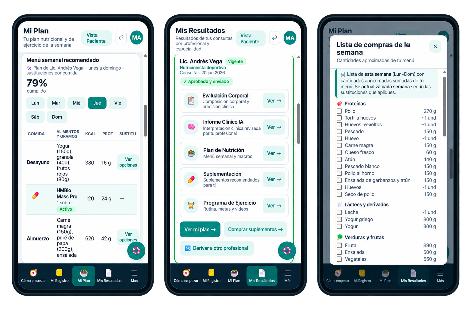 Aplicación de Hampia para el paciente en tres teléfonos: menú semanal recomendado, resultados por profesional y lista de compras de la semana