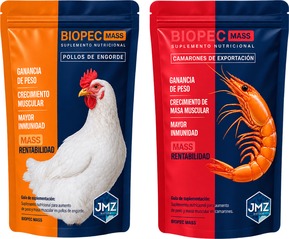 Las dos fundas de BIOPEC MASS de JMZ Biotech: presentación para pollos de engorde y presentación para camarones de exportación