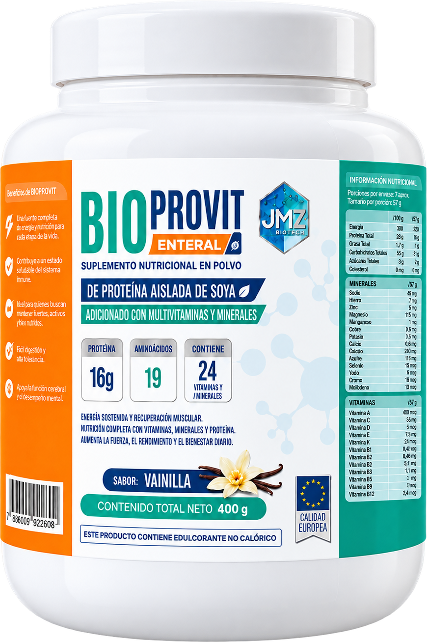 Tarro de BIOPROVIT™ Enteral adultos 400 g, suplemento nutricional en polvo de proteína aislada de soya, sabor vainilla