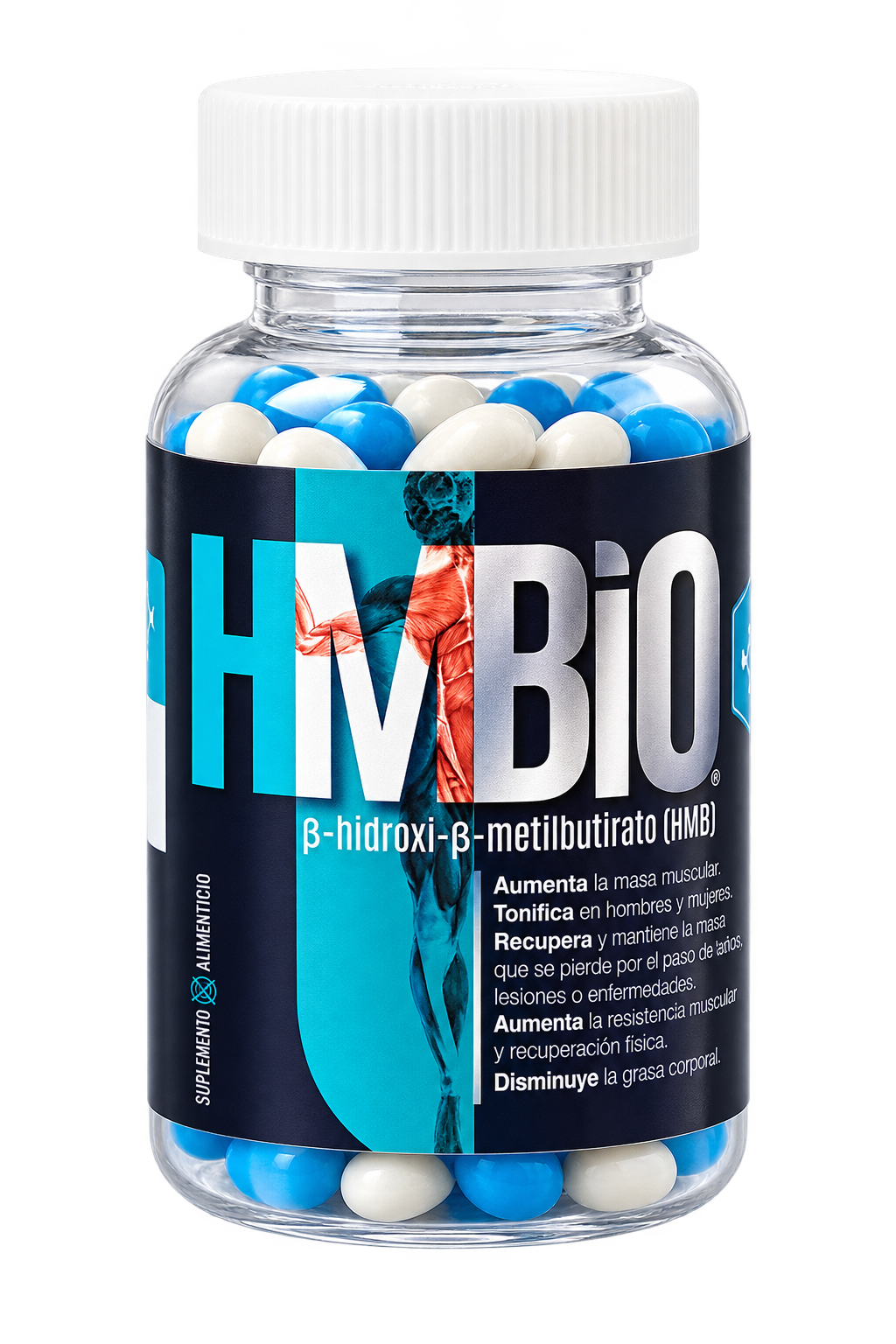 Frasco de HMBiO de JMZ Biotech con 120 cápsulas blanco y turquesa de 500 mg de beta-hidroxi-beta-metilbutirato de calcio