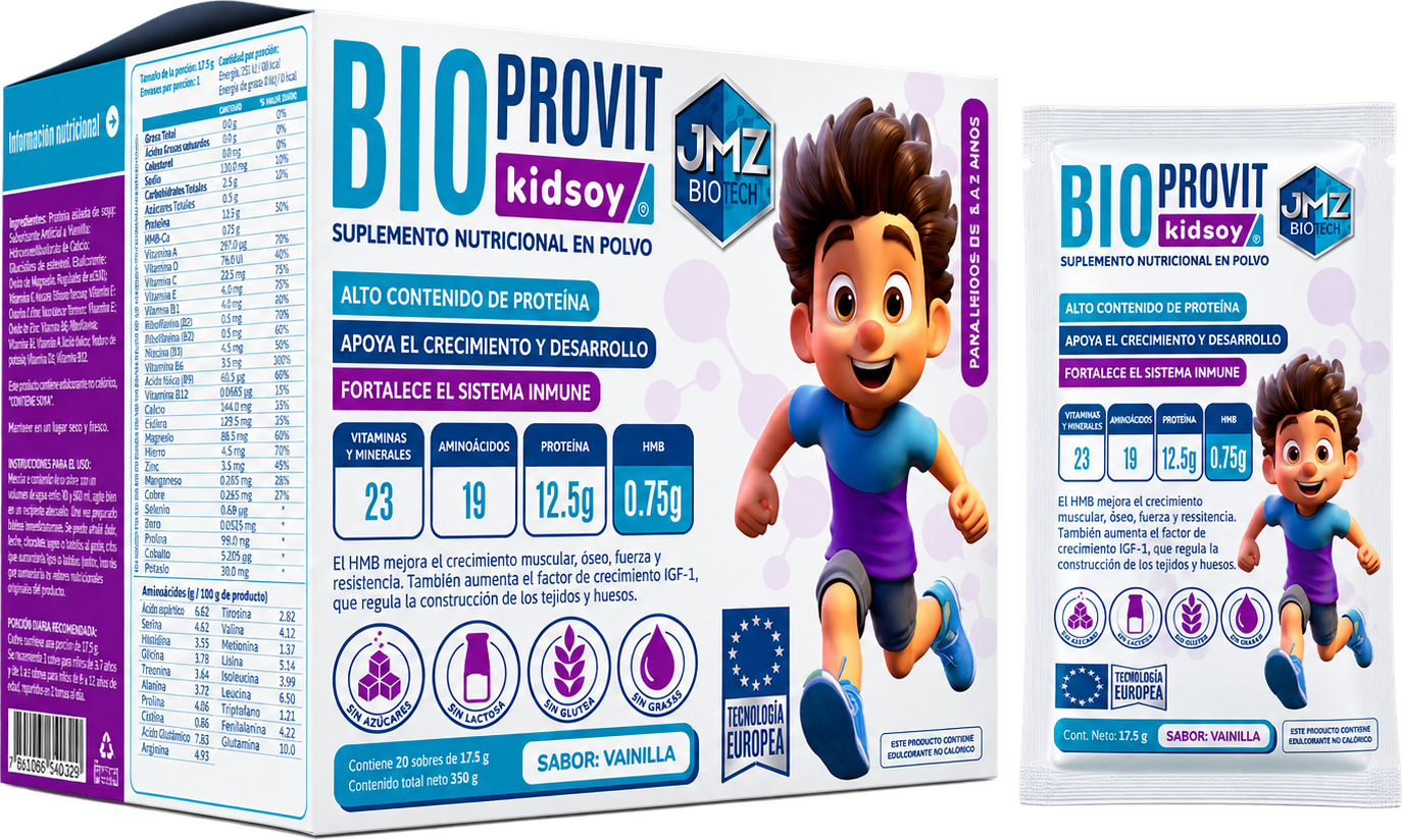 Caja de BIOPROVIT™ Kidsoy de JMZ Biotech, suplemento nutricional en polvo para niños