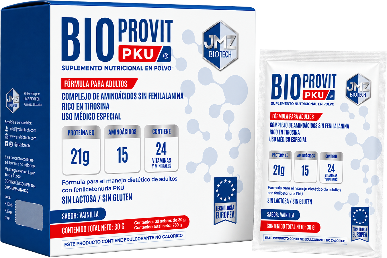 Caja y sobre de BIOPROVIT™ PKU fórmula para adultos, complejo de aminoácidos sin fenilalanina, sabor vainilla