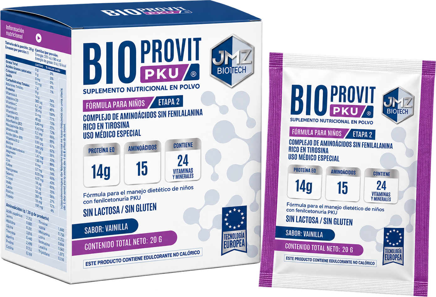 Caja y sobre de BIOPROVIT™ PKU fórmula para niños etapa 2, complejo de aminoácidos sin fenilalanina, sabor vainilla