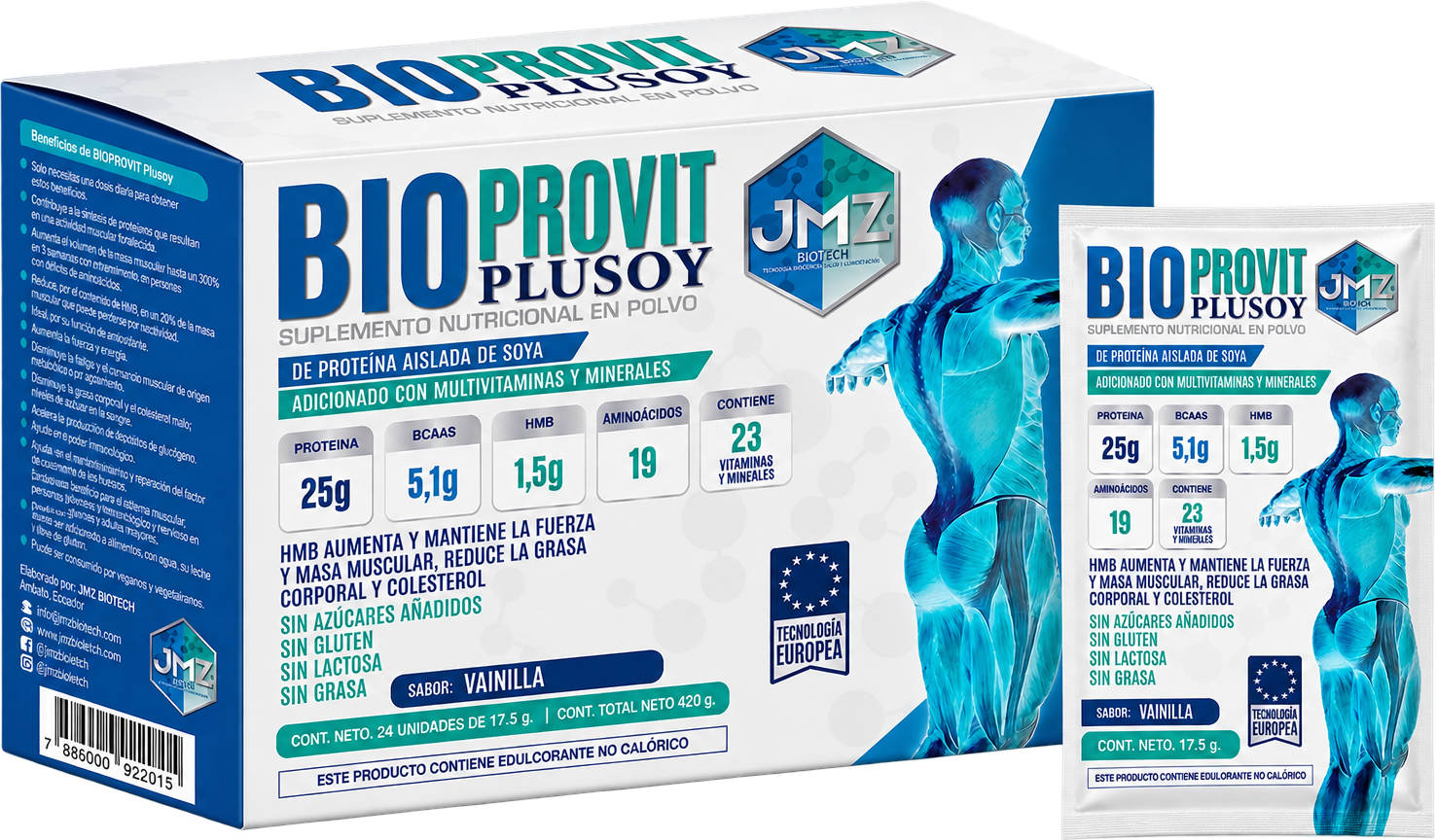 Caja de BIOPROVIT™ Plusoy de JMZ Biotech, suplemento nutricional en polvo de proteína aislada de soya con HMB