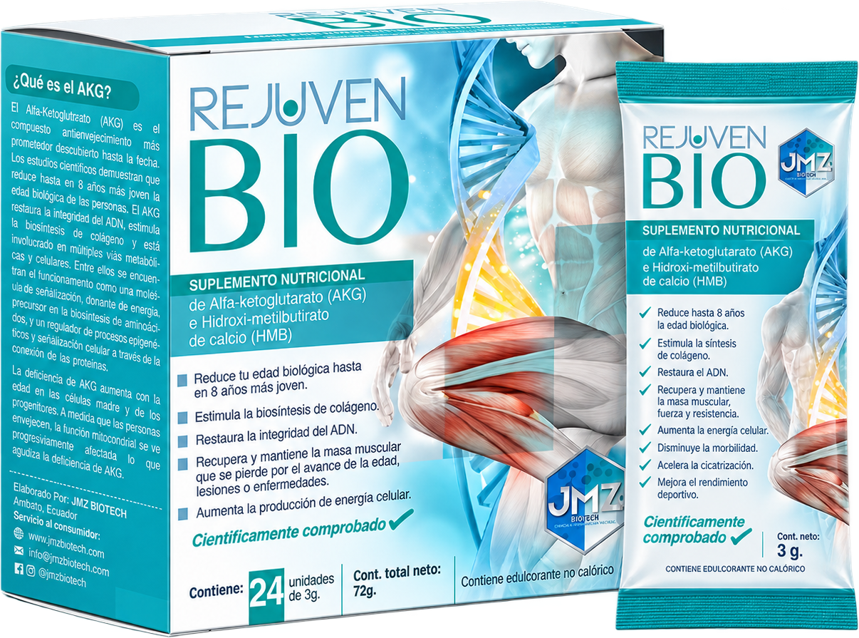 Caja de RejuvenBío™ de JMZ Biotech, 24 sobres de 3 gramos con alfa-cetoglutarato e hidroxi-metilbutirato de calcio